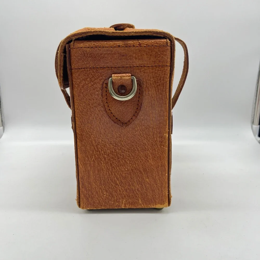Vintage Camera Bag Brown Leather Train Luggage Small Travel Bag Gold Tone‎ Lock